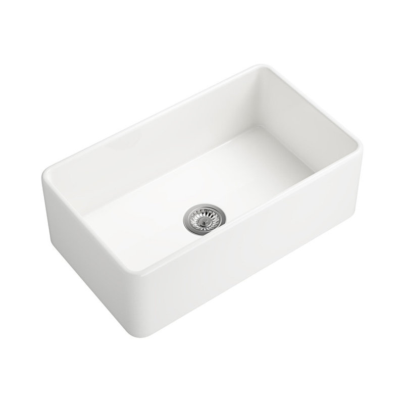 White Farmhouse Undermount Kitchen Sink - Deep Apron, Single Bowl, Solid Ceramic, Scratch & Stain Resistant
