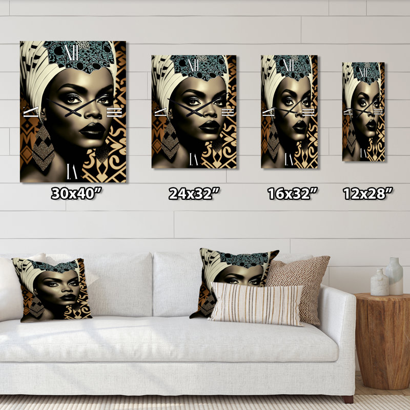 Portrait élégant de l'élégante femme africaine X - très grandes horloges murales afro-américaines, H 32 po x l 16 po x P 1 po