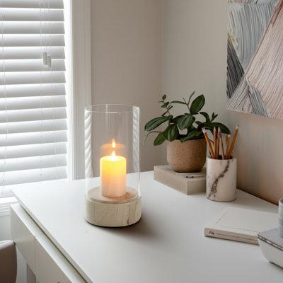 Porte-bougie ouragan moderne en verre rond avec base en marbre pour décoration de table