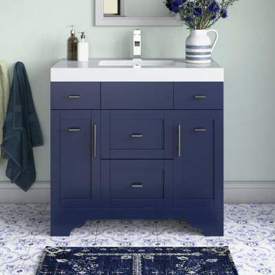 Meuble-lavabo autoportant 36 po Anvay en bleu marine avec plateau en quartz de Carrare blanc