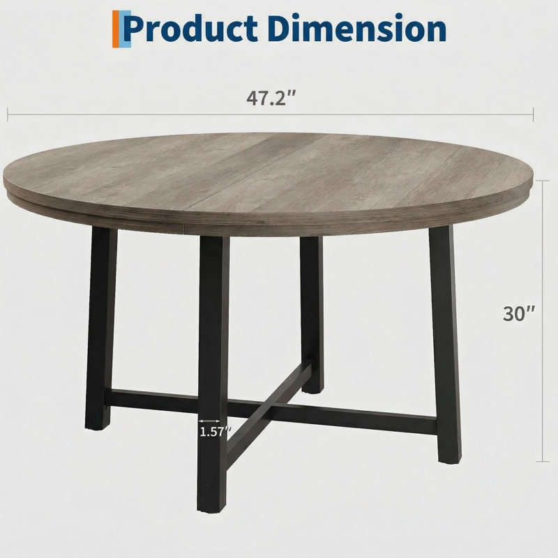 Table de salle à manger ronde 47,2 po pour 4 personnes, table de cuisine industrielle en bois avec structure en métal robuste, table de salle à manger circulaire pour petits espaces, appartement, gris (table seulement)