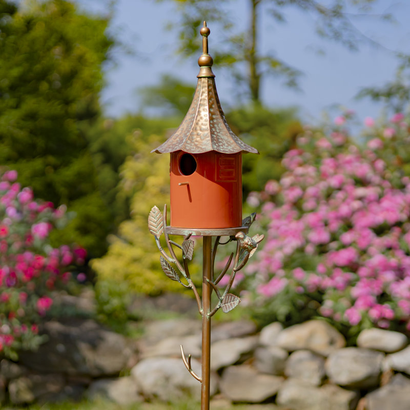 69.25" Tall Iron & Orange Porcelain Birdhouse Stake "Bojana"
