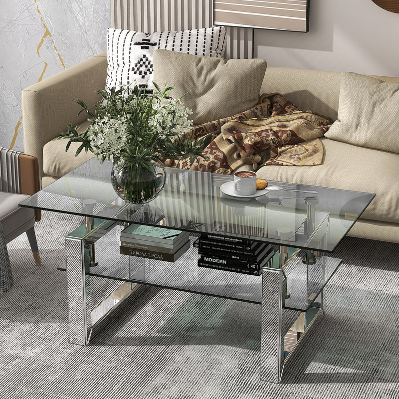 Table basse rectangulaire avec plateau en verre et tablette