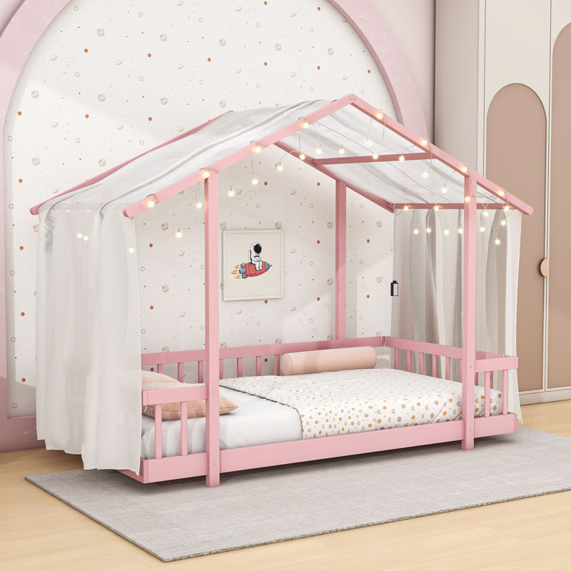 Lit plateforme avec baldaquin et guirlande lumineuse, Lit simple, Rose
