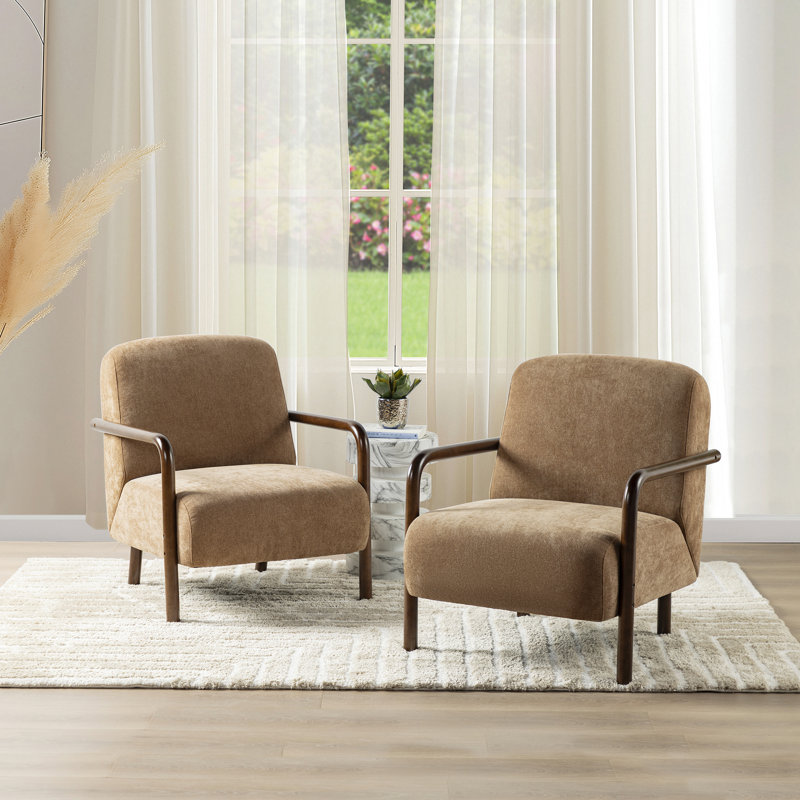 Ensemble de 2 fauteuils de style Mid-Century moderne en tissu brun avec structure en bois d'hévéa noyer