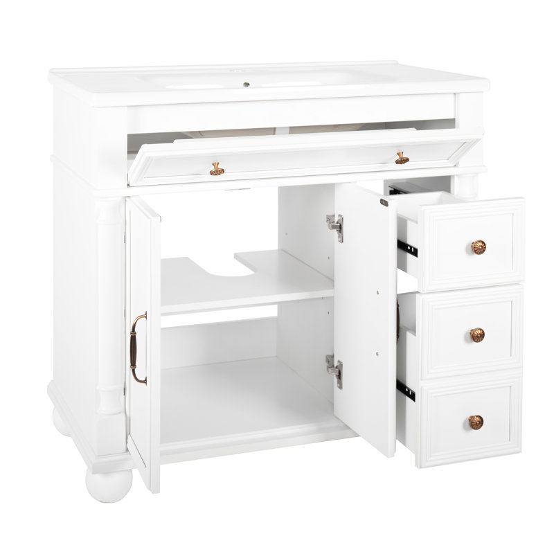 Meuble-lavabo de salle de bain 35,6 po avec une colonne romaine, une fabrication de haute qualité, des poignées en métal et une capacité de conception Mid-Century en céramique blanche, des armoires à tiroirs de rangement, facile à entretenir