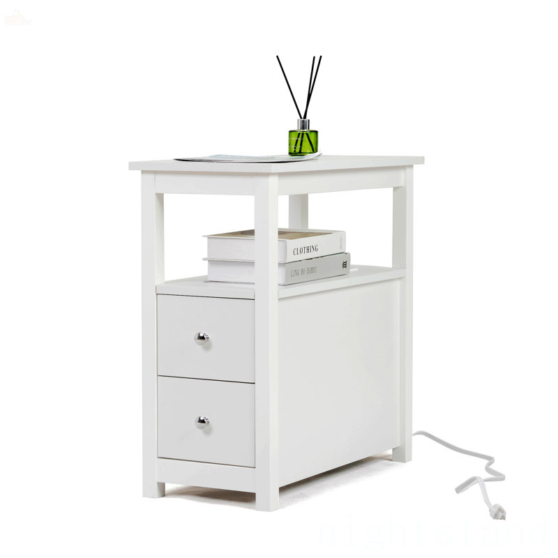 Nightstand with Charging Station & Outlets - Compact Side Table with 2 Drawers for Small Spaces, Bedroom or Living Room, White