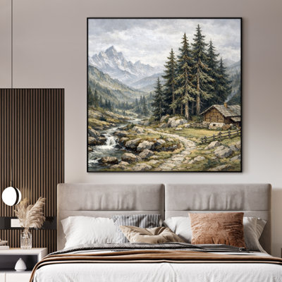 Très grand art mural imprimé sur toile - Paysage de montagne gris, décor de salon rustique - «Assemblage requis du cadre (cadre non fini)»