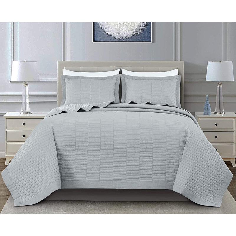 Solid Color Cotton Quilt Flange Border 3 Piece Quilt Set, King Quilt + 2 King Shams, Light Gray