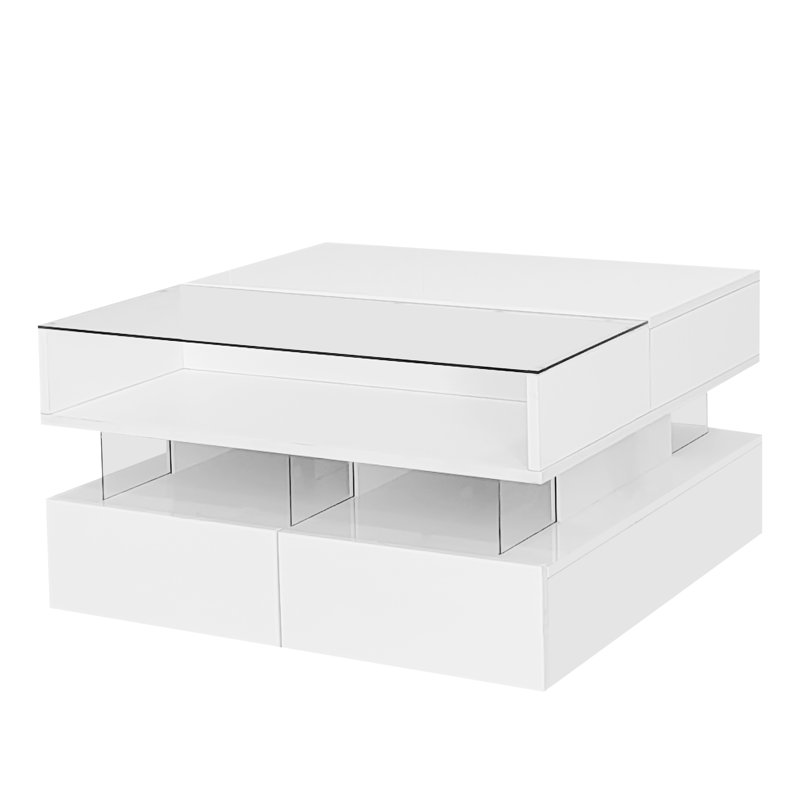 Table basse avec 2 tiroirs, plateau en verre et finition à DEL