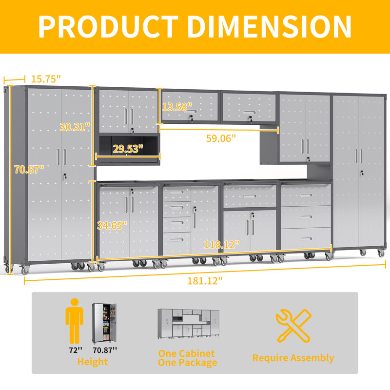 10-Piece Heavy Duty Steel Garage Storage Cabinet System | Complete Workshop Organization Set with Rolling Tool Cabinets & Lockable Wall Units | Adjustable Shelving Garage Storage