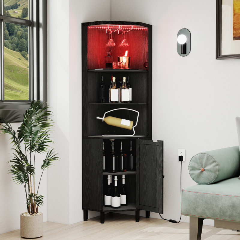 Bar d'angle en bois avec lumière DEL et support en verre