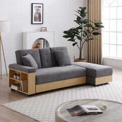 Convertible Sleeper Sofa Couch,Storage Ottoman and Sofa arm with box and drawer, Drop Down Table with 2Cup Holders