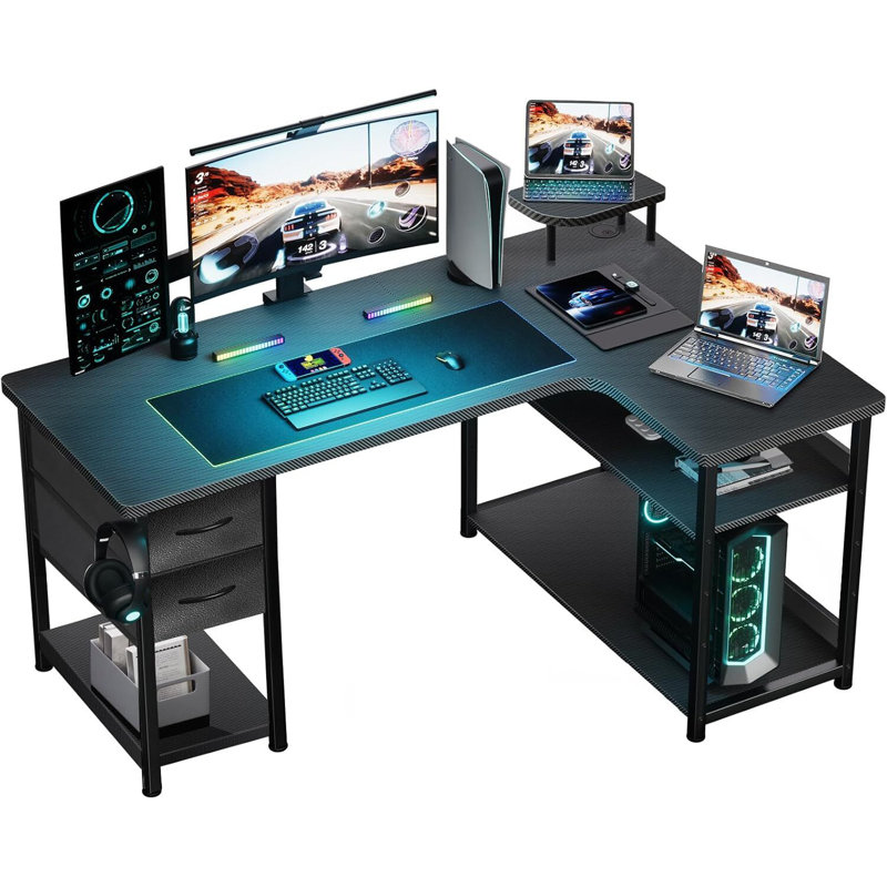L-shape Gaming Desk, Carbon Fibre Computer Desk with Monitor Arm, Gaming Table for Home Office Desks, Easy To Assembly