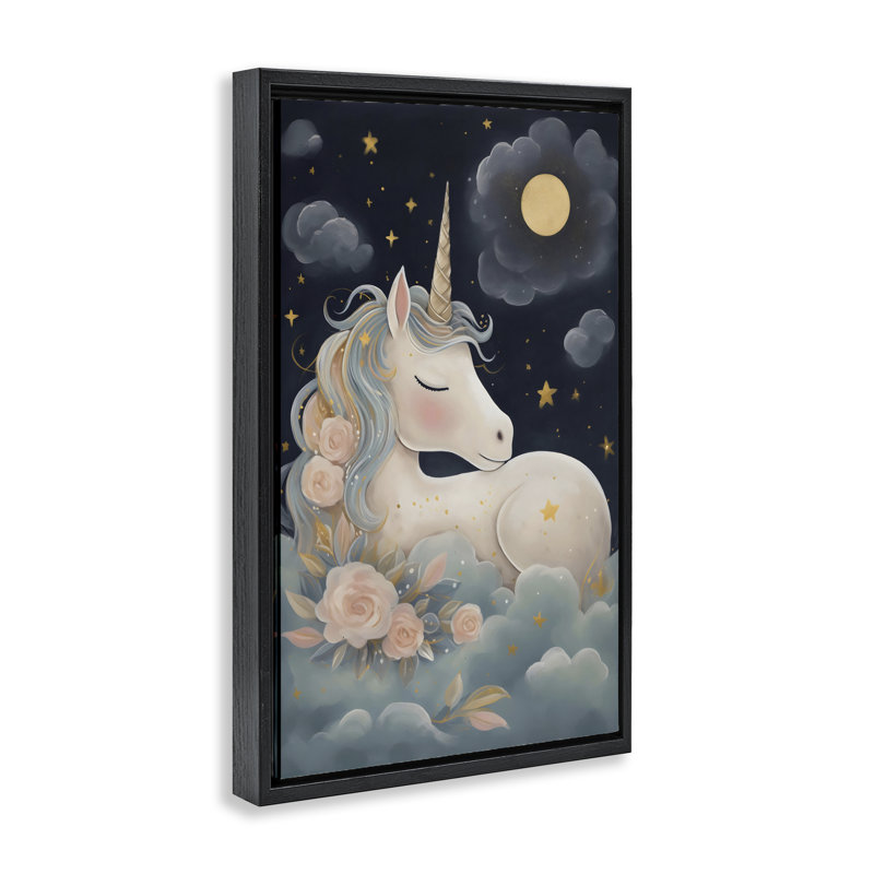 Cadre flottant licorne entouré de nuages, design par Creative Studio, Cadre flottant noir de jais, H 25 po x l 17 po