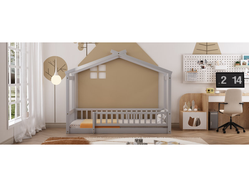 Wooden Playhouse Bed Frame With Roof And Fence For Kids & Teens, Gray, Twin