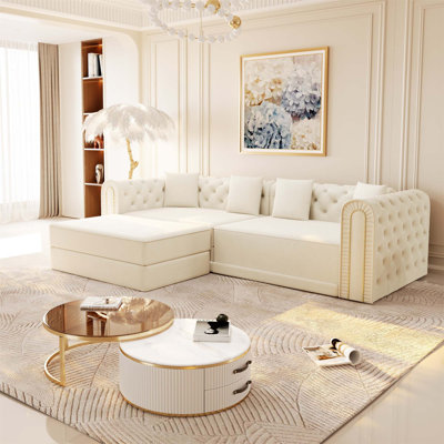 Canapé-lit convertible de 90,6 pouces 3-en-1 avec repose-pieds mobile, capitonnage à boutons et bordure dorée pour des espaces de vie multifonctionnels.