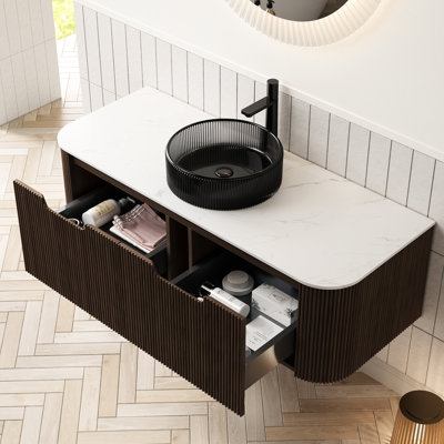 48" Bathroom Vanity, Storage With Transparent Black Crystal Glass Basin, 2 Drawers, Dark Walnut 3d Striped Finish, Soft Close Drawer Slides 48-inch Vanity Round Cabinet Wood Grain, Easy To Install