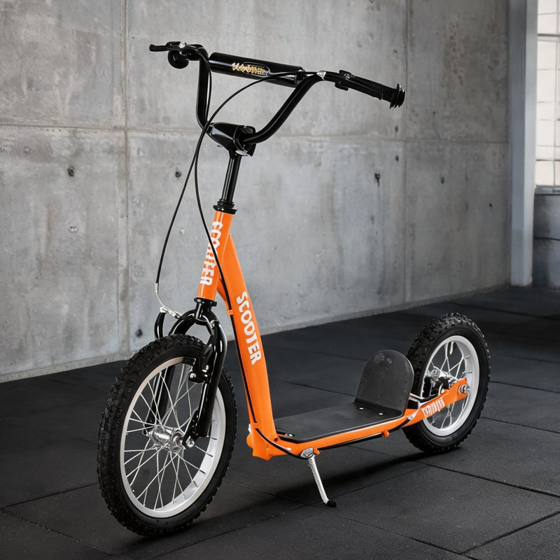 Scooters orange pour enfants avec conception réglable, supporte 220 lb, acier, 16 po, freins doubles