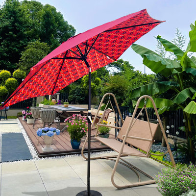 Parasol de terrasse orange à motif de glace de 9 pi avec auvent résistant aux intempéries, mât en acier de 1,49 po de diamètre et inclinaison à 45 degrés pour un usage extérieur