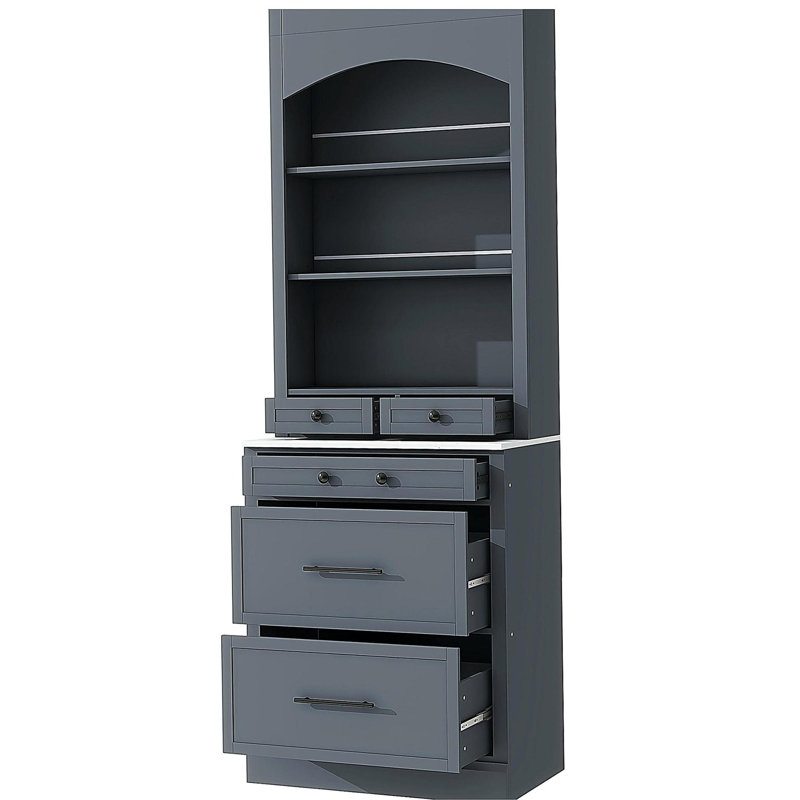[Assembly Video Provided] TOPMAX Modern 83.7inch High Kitchen Pantry, Freestanding Tall Kitchen Hutch with Faux Marble Top, Display Cupboard Cabinet with 5 Storage Drawers and Adjustable Shelf, Gray