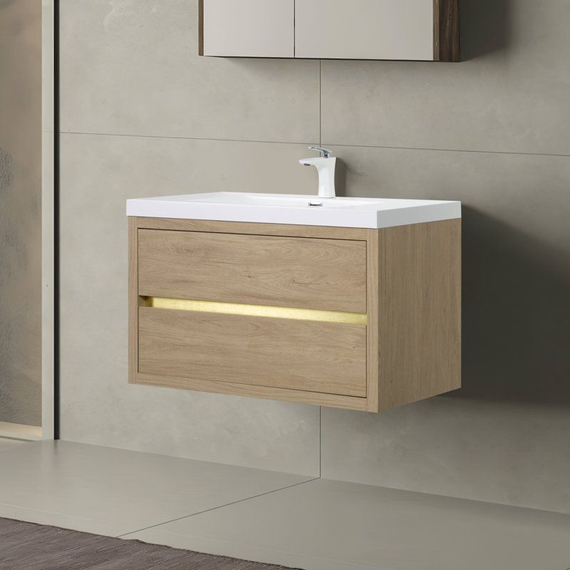 36" Wall-Mounted Bathroom Vanity, Glossy, Natural Wood