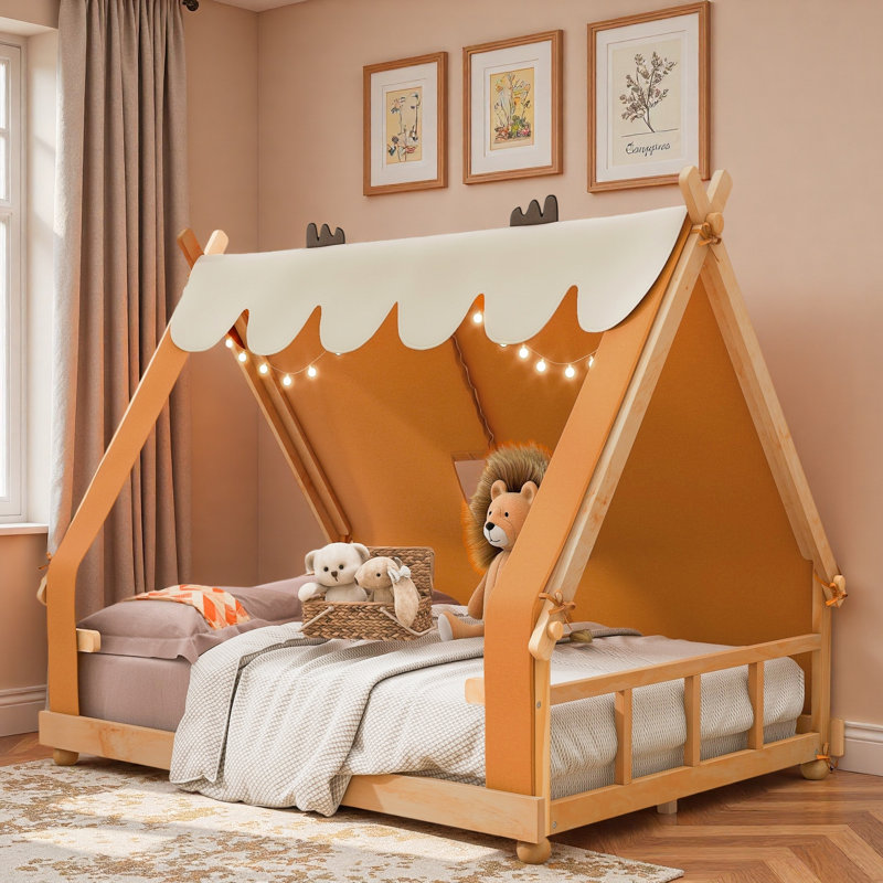 Lit maison avec tente et lumière, Double, Brun