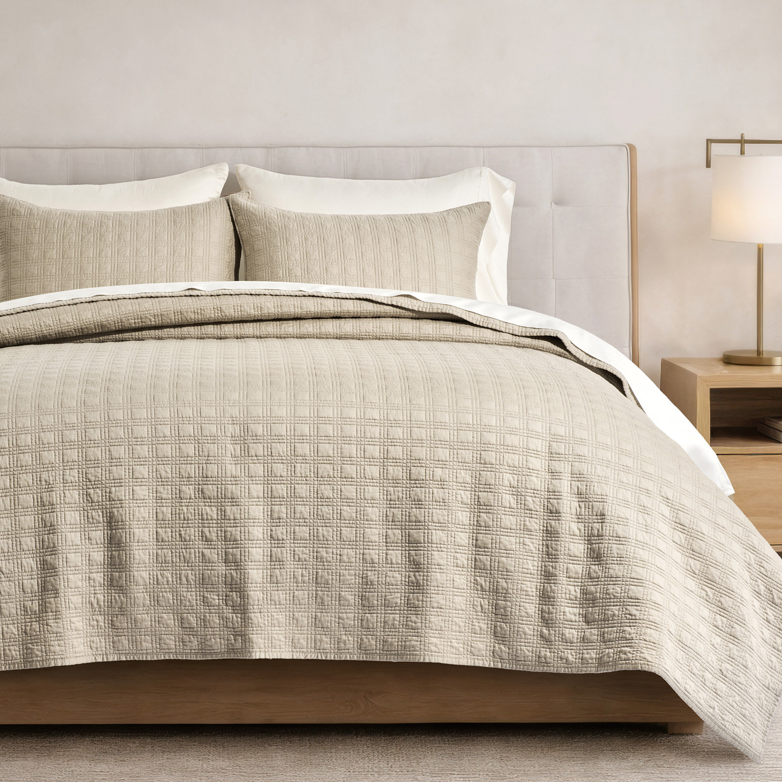 Cotton Sateen Quilt Set, King Quilt + 2 King Shams, Light Taupe