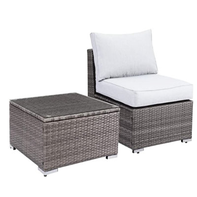 Ensemble de mobilier de patio compact 2 pièces avec table sans accoudoirs et plateau en verre, structure antirouille, coussins résistants à la décoloration, idéal pour les terrasses par tous les temps. Tissu robuste tissé à la main, hydrofuge, style moderne.