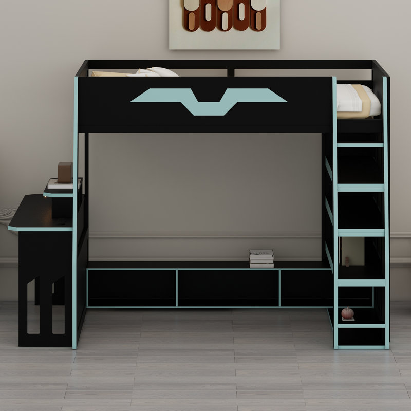 Elevated Bed Frame Featuring Workspace, Versatile Shelving, Color-Changing Lights, and Movable Desk, Blue