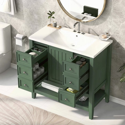 Meuble-lavabo 36 po avec lavabo, une armoire et trois tiroirs, panneau de bois massif et panneau de fibres à densité moyenne
