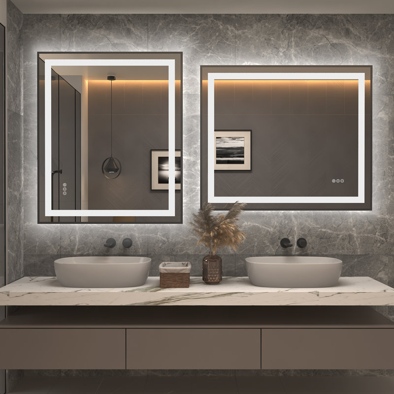 Matte Black LED Lighted Anti-Fog Tempered Glass Vanity Mirror 36" x 30"