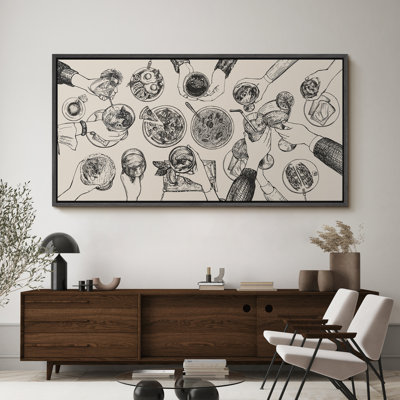 Kitchen Food " Culinary Dinner Gathering Sketch, Modern Black and Beige Dining Scene, Food And Drinks Pizza Noodle Juice, Kitchen Decor " Extra Large Framed Canvas Print Wall Art
