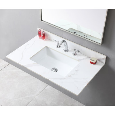 37" Gold Sintered Stone Bathroom Vanity Top, Rectangular Ceramic Undermount Sink, 3 Faucet Holes, Backsplash 37Inch Top Stone, Sink Rectangle, Included