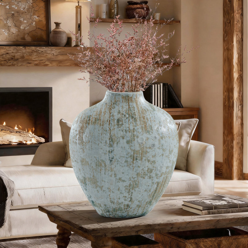 Vase de 15,35 po en grès cuit et en céramique bleu poussiéreux, glaçure réactive verticale rayée réversible, vase de table artisanal pour ferme rustique et décor bord de mer