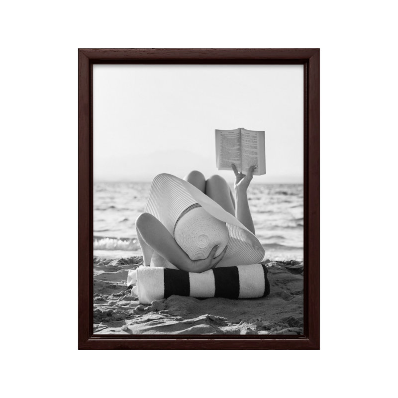 Femme lisant à la plage, 11"H x 14"W, Canvas, Brown Framed