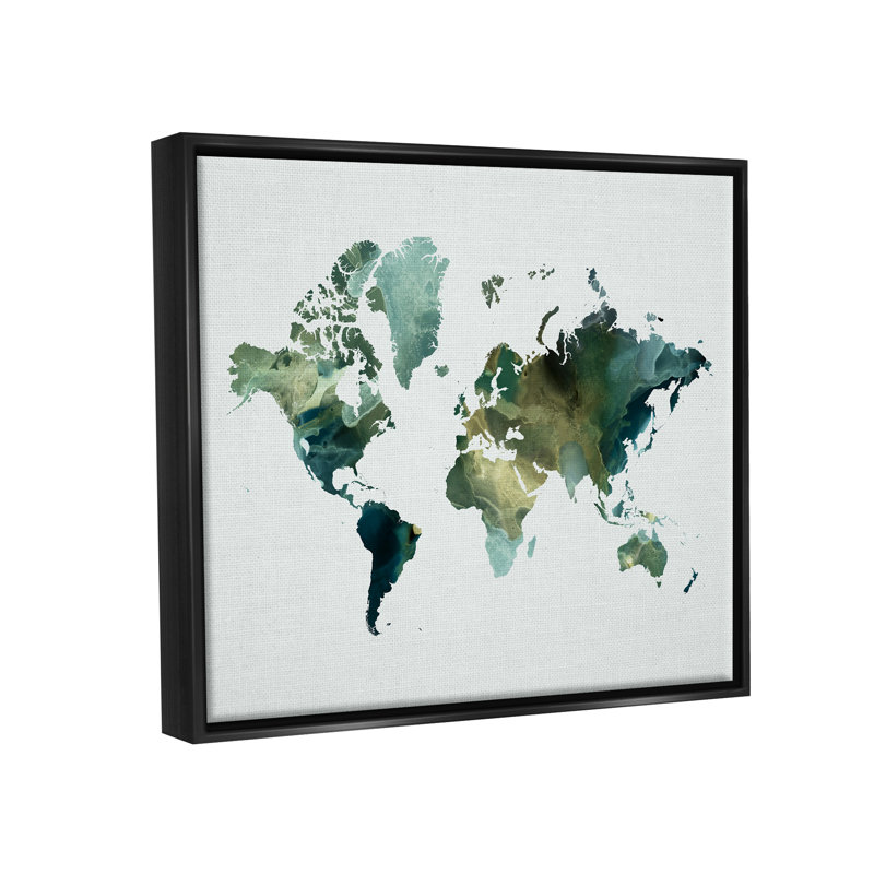 "Green Tone World Map Floater", art mural par Grace Popp, Cadre flottant noir de jais, H 17 po x l 21 po x P 1,7 po