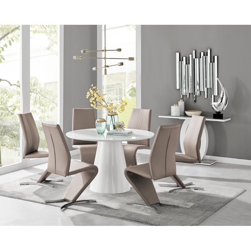 Edzard Statement Pedestal Round Dining Table Set & 6 Luxury Velvet Dining Chairs, White, Cappuccino