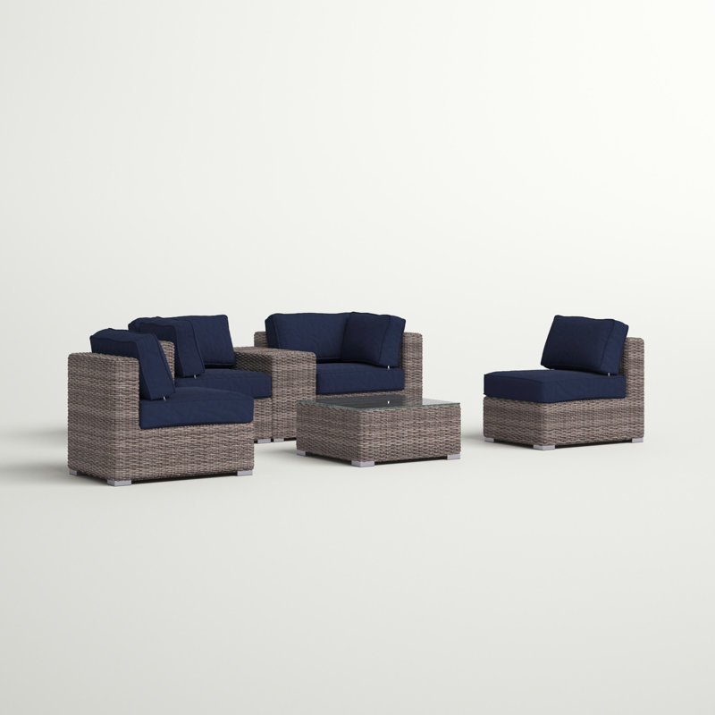 Lazaro High-Density Polyethylene (HDPE) Wicker Fully Assembled 4 - Person Seating Group with Sunbrella Cushions, Navy Blue