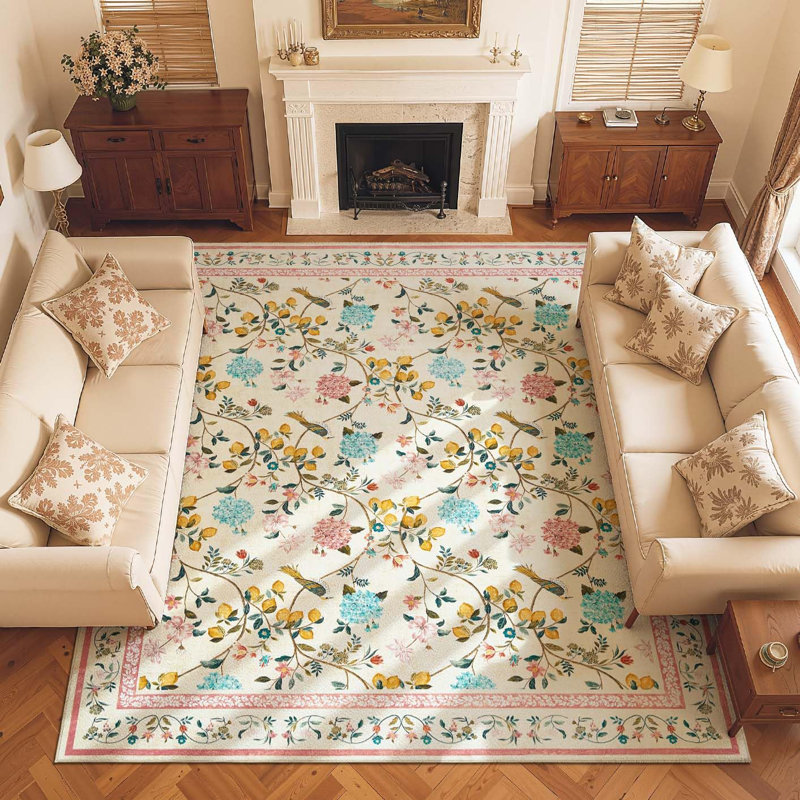Botanical Floral Washable Non-Slip Area Rug, Beige/Pink, 8'x 10'