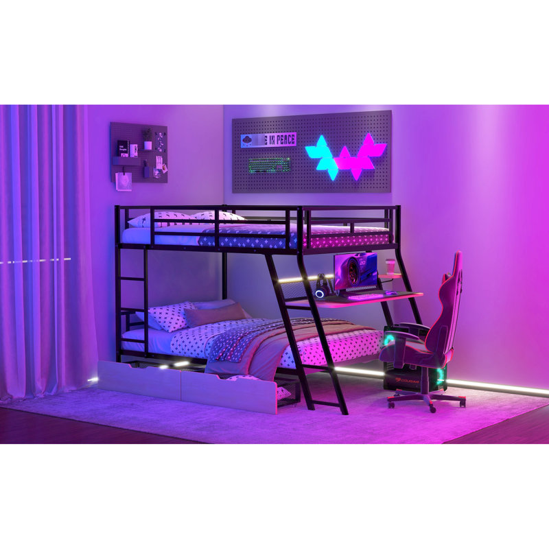 Full Size Metal Bunk Bed With Built-In Desk, And 2 Orderly Drawers - Black For Bedroom Handy
