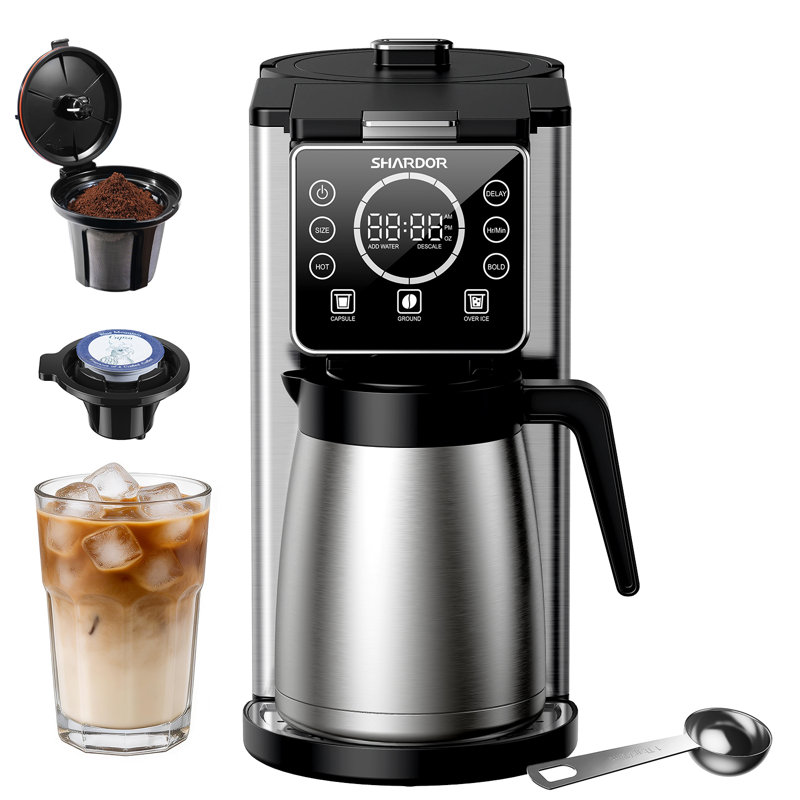  2-in-1 Coffee Maker for Capsules & Grounds, Programmable 5 Cup Drip Coffee Machine with 95oz Reservoir, Hot & Iced Coffee Brewer, Stainless Steel Thermal Carafe, Strong Brew, Black.