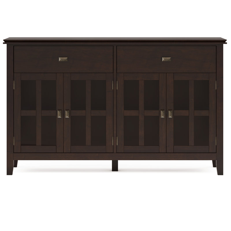 Artisan 60"W Solid Wood 4-Door Sideboard Buffet with Tempered Glass Doors and 2 Drawers, Dark Chestnut Brown