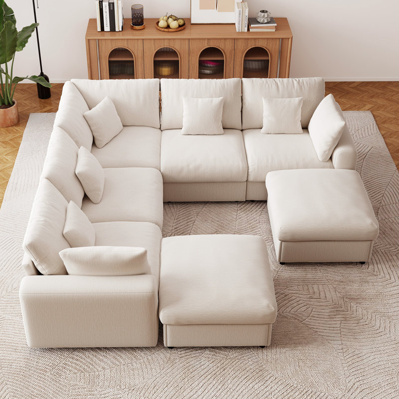 Canapé d'angle modulaire Cloud 5 places en chenille moderne de 107 pouces avec deux poufs de rangement, Chenille beige