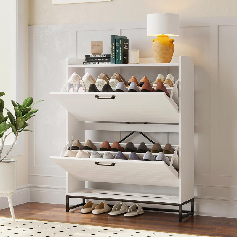 Shoe Cabinet with 2 Flip Drawers , Contemporary Slim Shoe Cabinet with Adjustable Dividers & Metal Legs, Freestanding Shoe Organizer with for Entryway, Hallway, Living Room, White