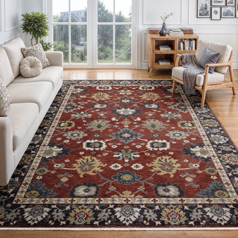 Caia Traditional Floral Rust Red/ Blue Area Rug, Rectangle 5'3" x 7'9"