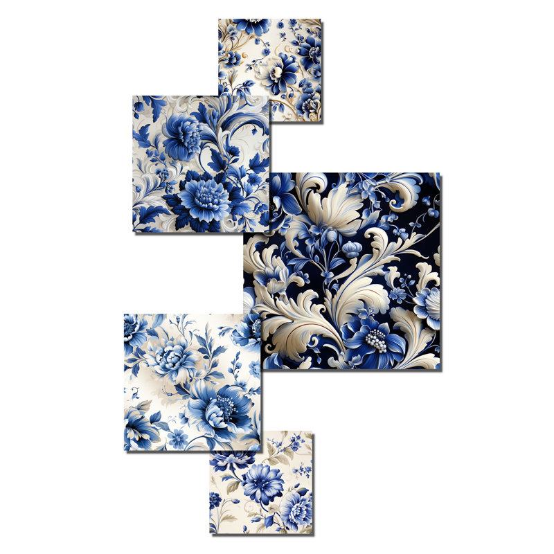 Cobalt Blue and White Floral Metal Wall Art Set of 5 Panels
