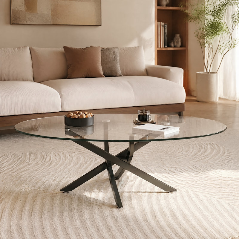 Table basse 39,37 "ovale en verre, table d'appoint moderne avec pieds noirs pour le salon, Noir