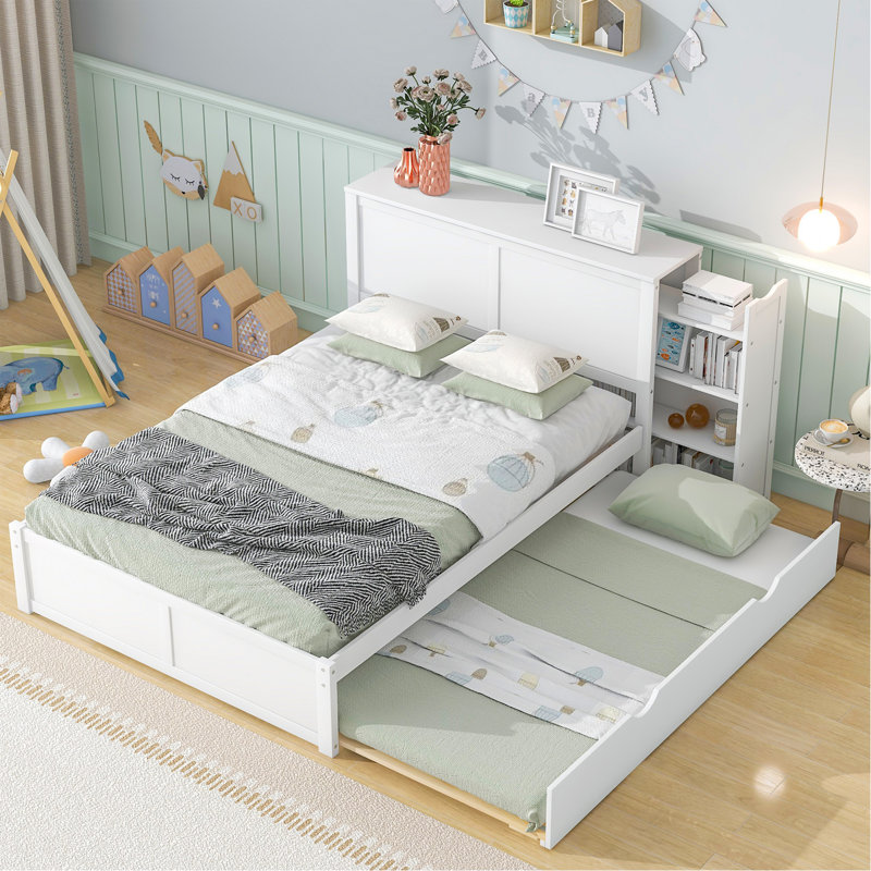 Lit plateforme double avec rangement et tablettes gigognes, blanc, Full