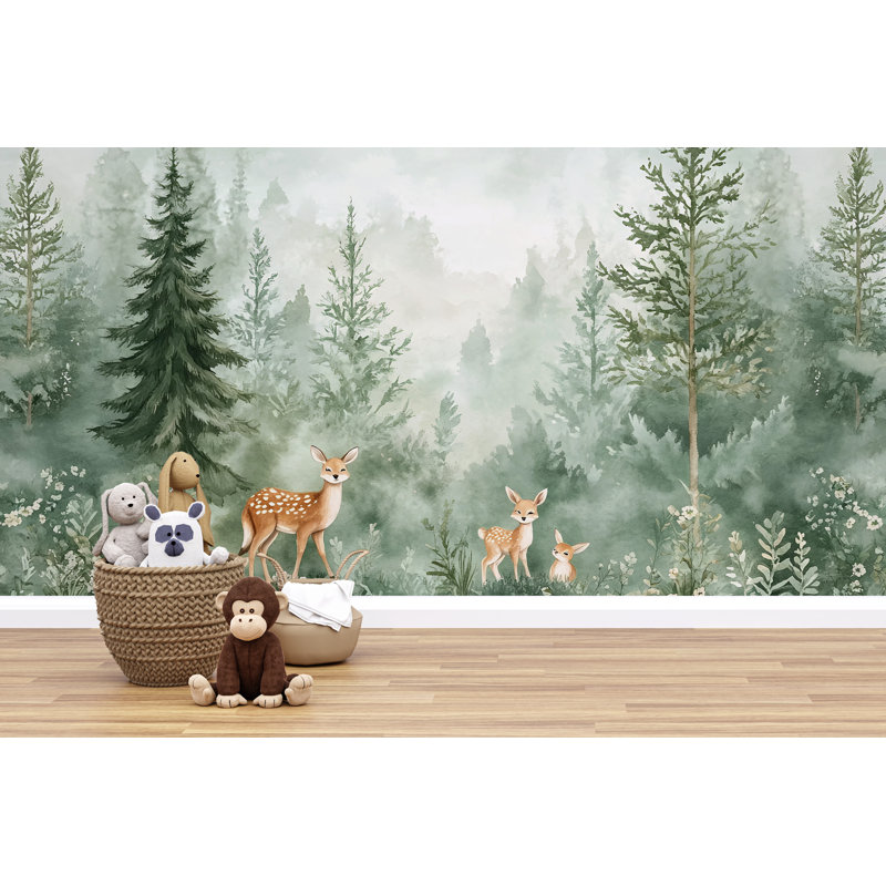 Papier peint Forêt Verte Brumeuse avec cerfs – Fresque murale aquarelle Animaux de la forêt pour chambre d'enfant ou salle de jeux, Décoration murale Paysage de forêt pour enfants
